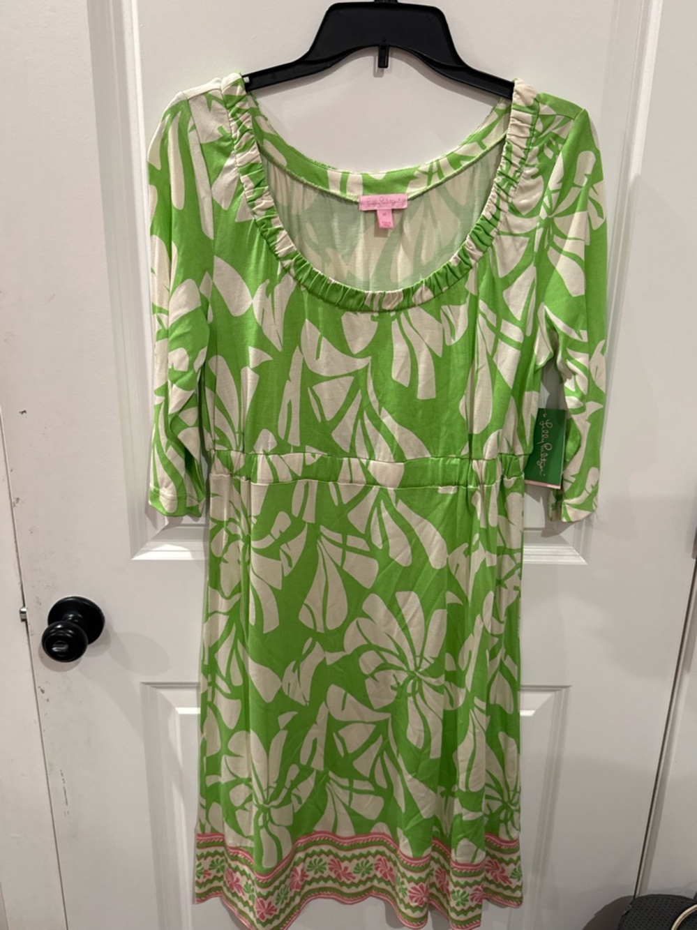 Lilly Pulitzer Green and White Floral Maxi Dress with Pink Trim